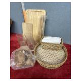 Woven baskets, vintage drinking glasses, cutting