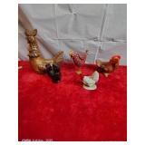 collection of ceramic/ glass chicken figurines,