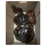 vintage amber and smoke-brown glass cookware and