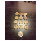 12 wheat pennies & 1 buffalo nickle