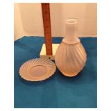 Pink frosted glass water bottle and saucer