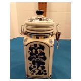 Blue and white ceramic canister