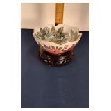 Asian floral bowl on wood pedestal