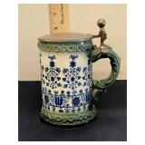 Blue & white German ceramic stein w/ pewter lid