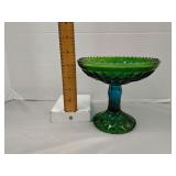 Blue to green flash painted pressed glass compote