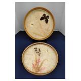 Vintage bamboo tray w/pressed butterflies & plants
