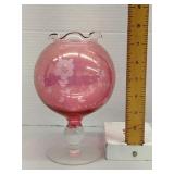 Cranberry etched glass pedestal rose bowl
