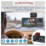 3-LENS DVR DASH CAM, FRONT AND REAR WITH G-SENSOR