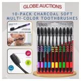 10-PACK CHARCOAL SOFT TOOTHBRUSHES, MULTI-COLOR