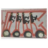 Original Mose T painting RED BUS W PPL on wood