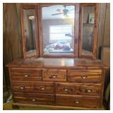 7 drawer wood dresser and triple mirror