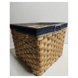 Wooden wicker woven basket w tin trim