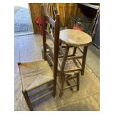 Antique Ladder Back Chair and two Wooden Stools