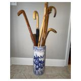 Blue & White Umbrella Stand with Contents
