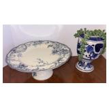 Blue/white Cake stand with Blue/White Vase