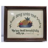 Framed cross stitched embroidery Bible quote. Framed cross stitched embroidery Bible quote.