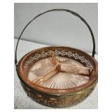 Vintage pink depression divided dish w bass holder Vintage pink depression divided dish w bass holder