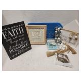 Small Bin Lot of home decor & hooks