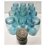 Lot of blue Ball Mason Jars and lids