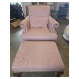 Pink upholstered chair with ottoman