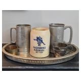 Pewter & Pottery Mugs on Silverplated Tray