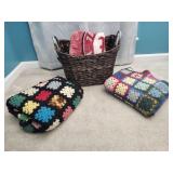 2 Crochet blankets in basket w Alabama blanket