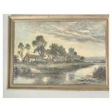 Framed printed art of a village by the water