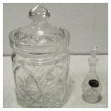 Etched Glass jar & mini lead Crystal Decanter