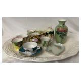 Tray lot of misc teacups vases and more
