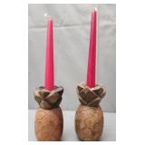 pair of carved wooden pineapple candle holders