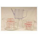 Lot of 2 Pyrex Measuring Cups & 1 Plastic Cup