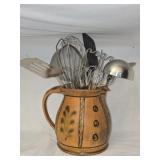 Heavy Hand Made Pottery Pitcher with Utensils
