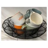 Wire bowl with misc coffee mugs