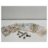 Collection of various foreign money and coins