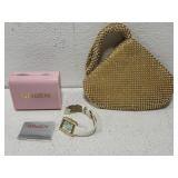 Green watch and small golden evening purse **