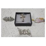 3 misc brooches and cross pendant