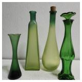 Collection of 4 green glass vases