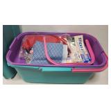 Large sewing box with accessories and fabric