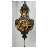 Amber caged glass ceiling lantern wrought iron