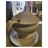 White vintage serving bowls with ladle & plate