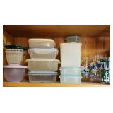 Shelf lot of containers & collectible glasses