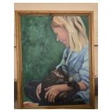 J Meyer Framed oil on canvas of a woman with a cat