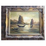 Vintage Mid-Century Oil Painting of Ships SIGNED