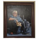 Framed oil on canvas of a man and dog