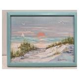 Framed oil on canvas painting of an ocean