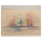 Watercolor painting on board of a bridge