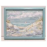 Small framed oil on canvas of the beach by Laura