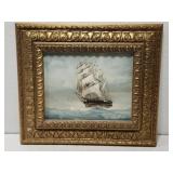 Signed textured oil painting of a ship at sea