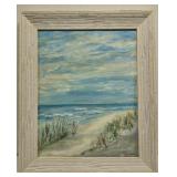 Framed oil on canvas of a beach by Laura