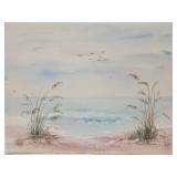 Watercolor painting of a serene beach landscape